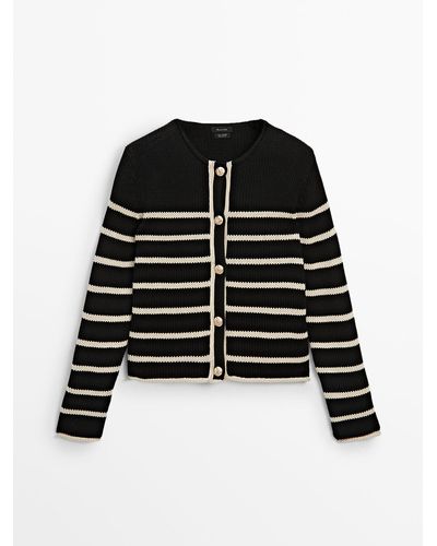 MASSIMO DUTTI Striped Knit Cardigan With Golden Buttons - Black
