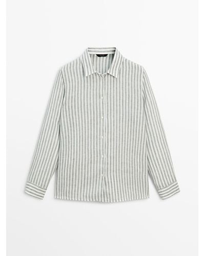 MASSIMO DUTTI 100% Linen Striped Shirt - White