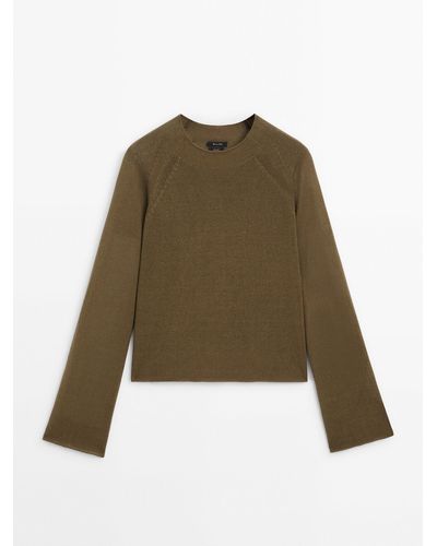 MASSIMO DUTTI 100% Linen Mock Turtleneck Sweater - Green