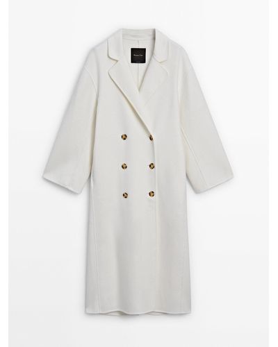 MASSIMO DUTTI Long Wool Blend Double-Breasted Coat - White