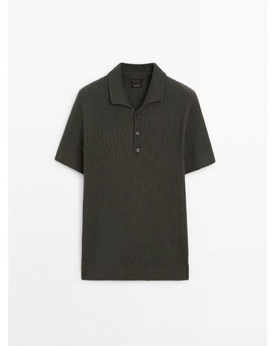 MASSIMO DUTTI Open-Knit Short Sleeve Polo Sweater - Black
