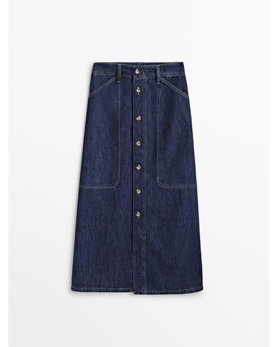 MASSIMO DUTTI Denim Carpenter Midi Skirt With Buttons - Blue