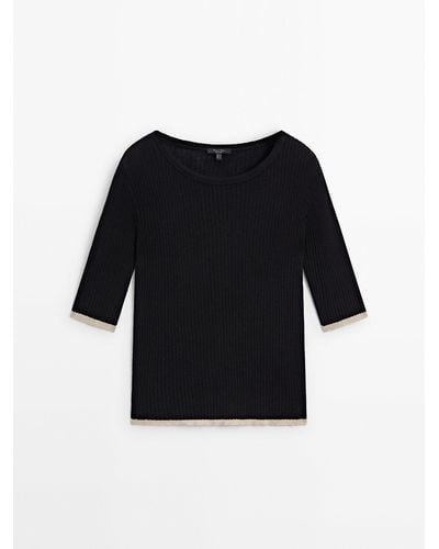 MASSIMO DUTTI Ribbed Cotton T-Shirt With Contrast Detail - Black