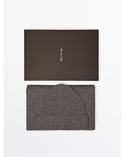 MASSIMO DUTTI 100% Cashmere Ribbed Scarf And Hat Set - Gray
