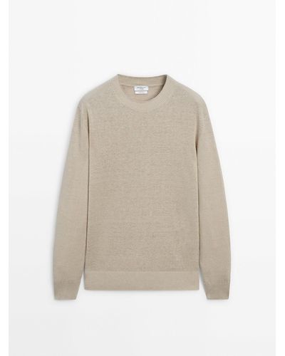 MASSIMO DUTTI Crew Neck Linen Sweater - Natural