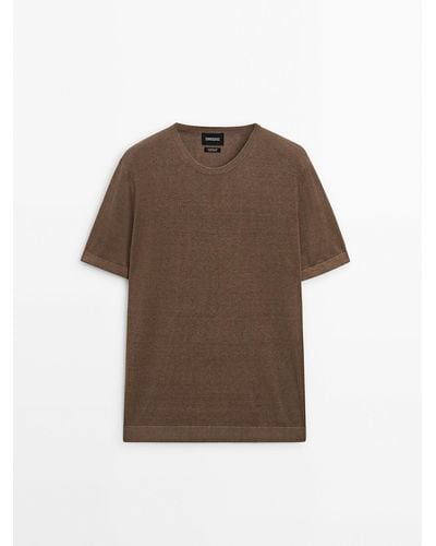 MASSIMO DUTTI Knit Short Sleeve Linen Sweater - Brown