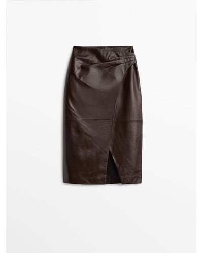 MASSIMO DUTTI Leather Skirt With Ties - Studio - Brown