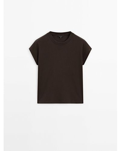 MASSIMO DUTTI 100% Cotton Drop Sleeve T-Shirt - Black