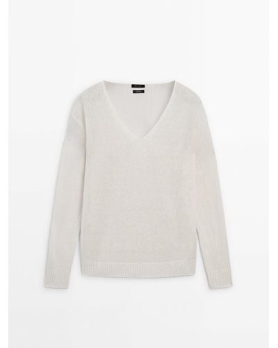 MASSIMO DUTTI 100% Linen V-Neck Sweater - White