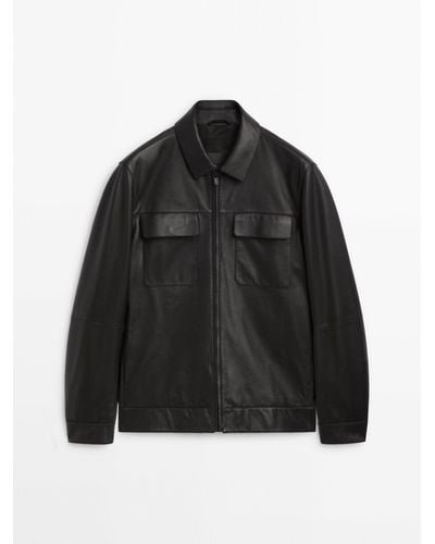 MASSIMO DUTTI Nappa Leather Trucker Jacket - Black