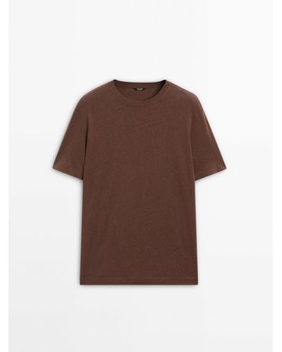 MASSIMO DUTTI Short Sleeve Linen And Cotton Blend T-Shirt - Brown