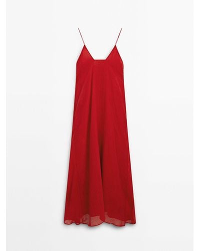 MASSIMO DUTTI Long Strappy Dress With Neckline Detail - Red