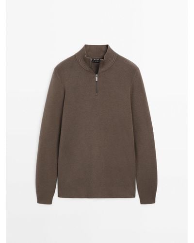 MASSIMO DUTTI Mock Neck Knit Sweater With A Zip - Brown