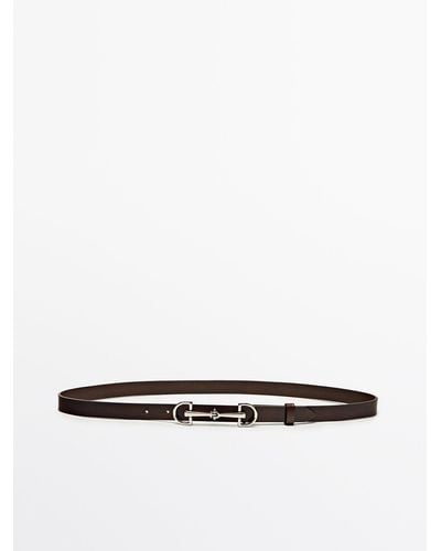 MASSIMO DUTTI Leather Belt With Double Long Buckle - White