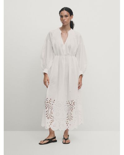 MASSIMO DUTTI Kleid 100 % Baumwolle Stickerei - Weiss - Xs-S - Weiß