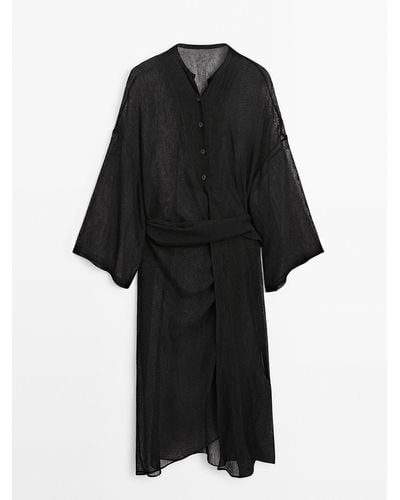 MASSIMO DUTTI Semi-Sheer Midi Tunic Dress - Black
