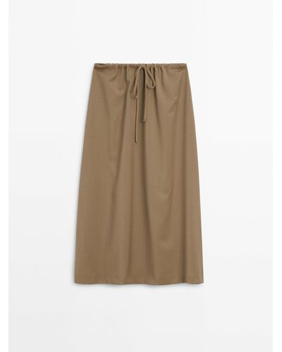 MASSIMO DUTTI Drawstring Midi Skirt - Natural
