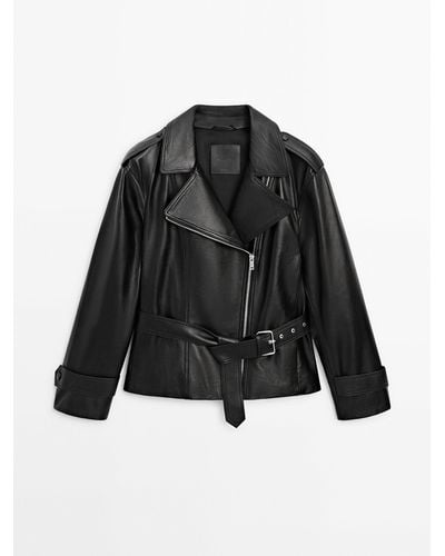 MASSIMO DUTTI Nappa Leather Biker Jacket With Belt - Black