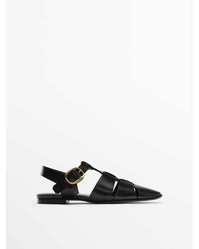 MASSIMO DUTTI Leather Cage Sandals With Buckle - Black