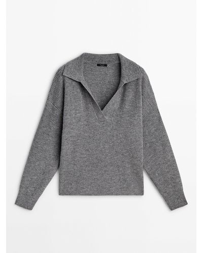 MASSIMO DUTTI Purl-Knit Polo Sweater - Gray