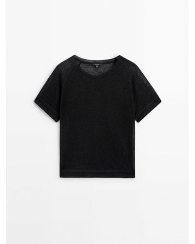MASSIMO DUTTI Linen T-Shirt With Short Raglan Sleeves - Black
