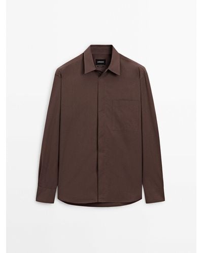 MASSIMO DUTTI Relaxed Fit Poplin Shirt With Pocket - Brown