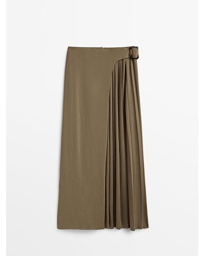 MASSIMO DUTTI Pleated Wrap Skirt With Buckle - Natural