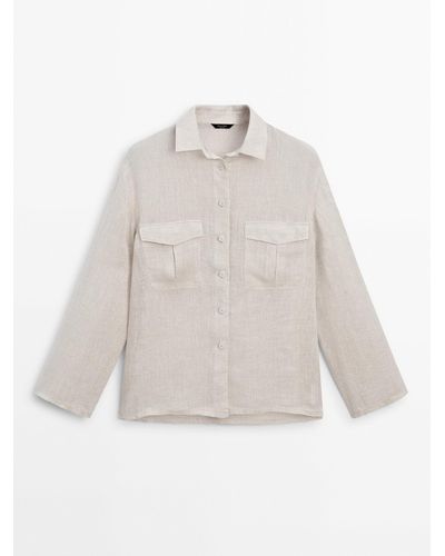 MASSIMO DUTTI 100% Linen Shirt With Pockets - White
