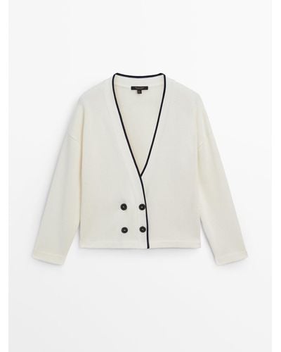MASSIMO DUTTI Contrast Cotton Knit Cardigan - White