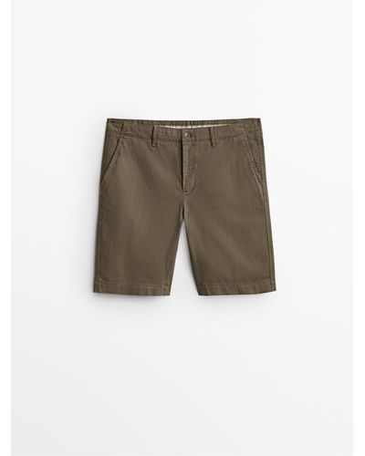 MASSIMO DUTTI Cotton And Linen Herringbone Bermuda Shorts - Green