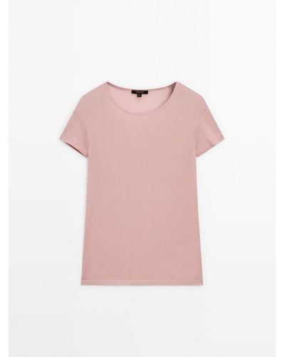 MASSIMO DUTTI Short Sleeve T-Shirt With Ribbed Detail - Pink