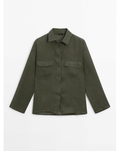MASSIMO DUTTI 100% Linen Shirt With Pockets - Green