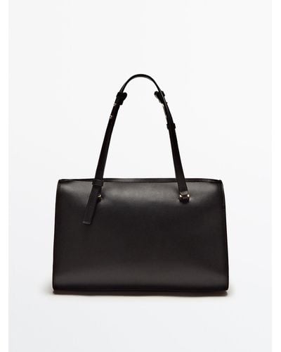 MASSIMO DUTTI Plain Leather Bowling Bag - Black