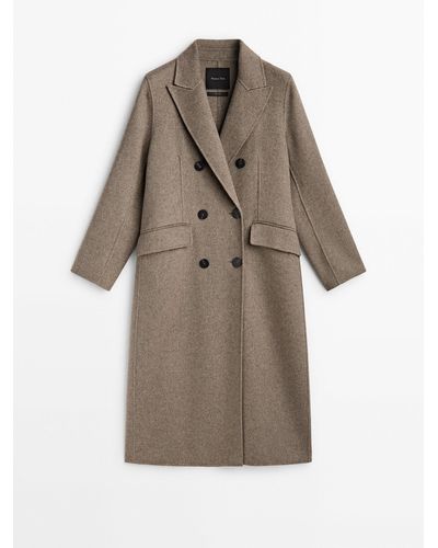 MASSIMO DUTTI Long Wool Blend Double-Breasted Coat - Natural