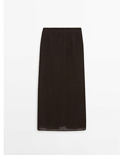 MASSIMO DUTTI 100% Waffle-Knit Linen Skirt - Black