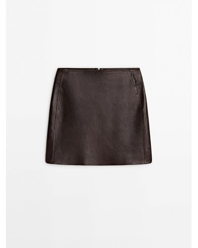 MASSIMO DUTTI Distressed Effect Nappa Leather Mini Skirt - Black