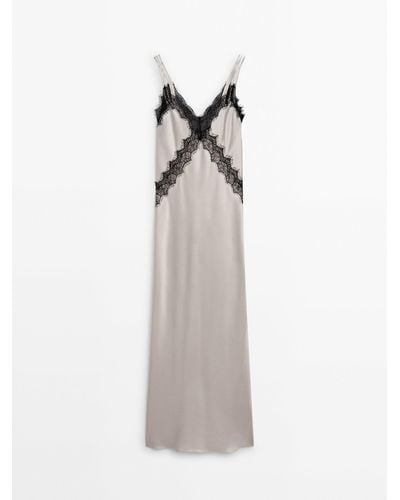 MASSIMO DUTTI Satin Camisole Dress With Contrast Lace - White