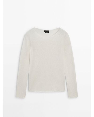 MASSIMO DUTTI Linen Blend Boat Neck Knit Sweater - White