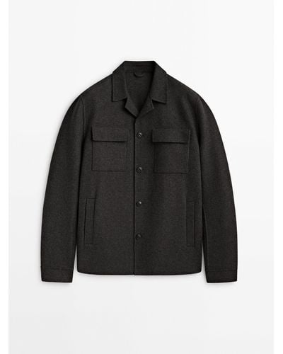 MASSIMO DUTTI Double-Faced Wool Blend Overshirt With Pockets - Black