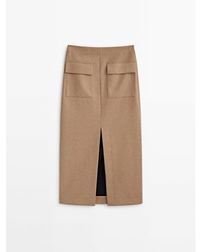 MASSIMO DUTTI Midi Skirt With Wool And Pockets - Natural
