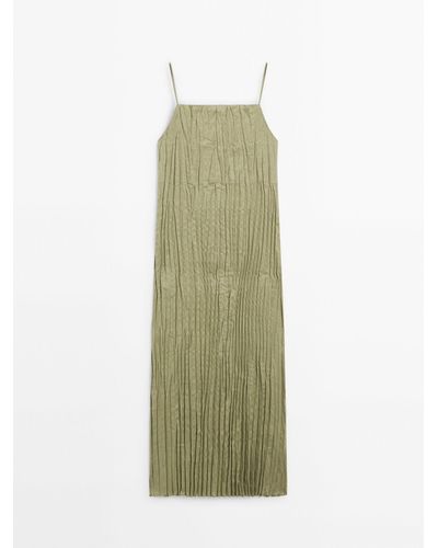 MASSIMO DUTTI Linen Blend Pleated Strappy Dress - Green