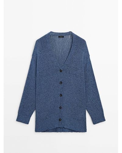 MASSIMO DUTTI Plain Knit Button-Up Cardigan - Blue