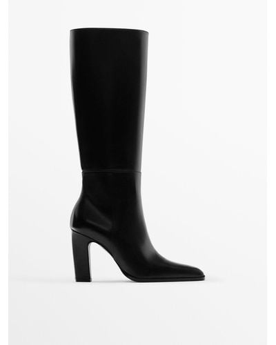 MASSIMO DUTTI Leather High-heel Boots - Black