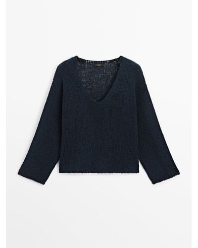 MASSIMO DUTTI V-Neck Linen Blend Knit Sweater - Blue