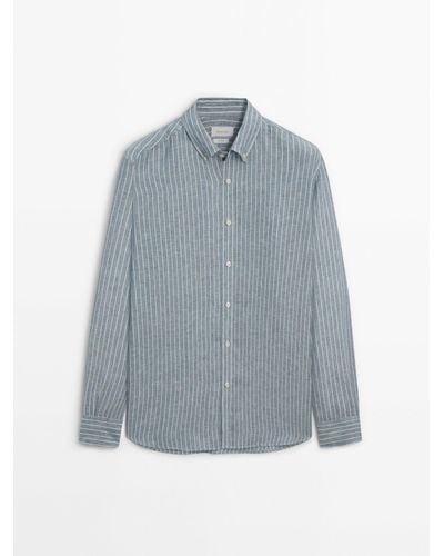 MASSIMO DUTTI Regular-Fit Striped 100% Linen Shirt - Blue