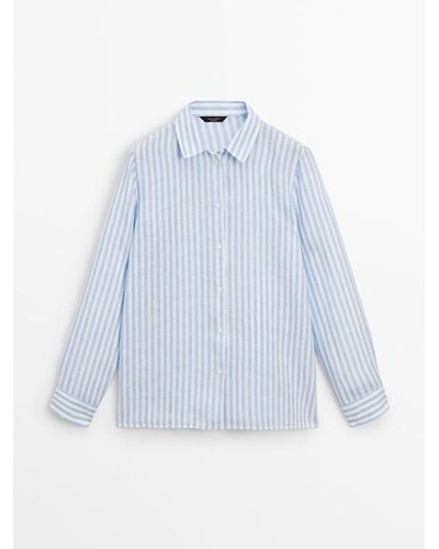 MASSIMO DUTTI 100% Linen Striped Shirt - Blue