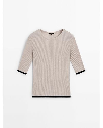 MASSIMO DUTTI Ribbed Cotton T-Shirt With Contrast Detail - Natural