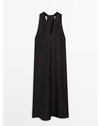 MASSIMO DUTTI V-Neck Dress With Back Knot Detail - Black