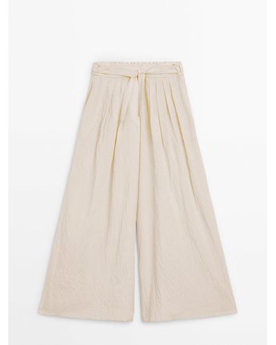 MASSIMO DUTTI Wide-Leg Satin Pants With Pleats - Natural