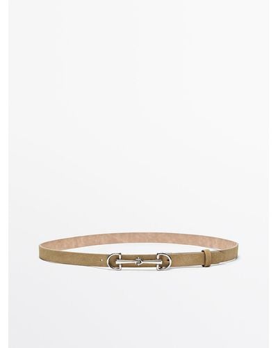 MASSIMO DUTTI Split Leather Belt With Double Buckle - White